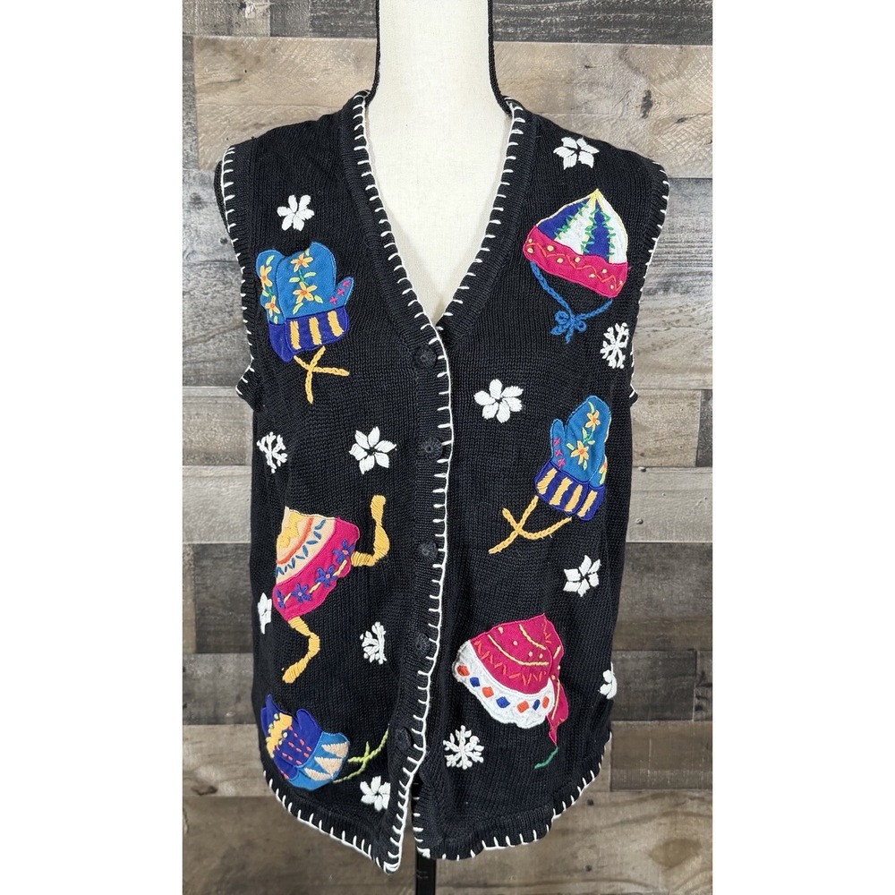 Vintage B.P. Design Winter Holiday Sweater Vest Large‎ Mittens Hats Snowflakes